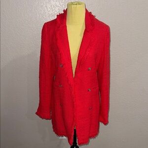 Carolina Belle Red Frayed Edge Double-Breasted Open-Front Blazer Coat